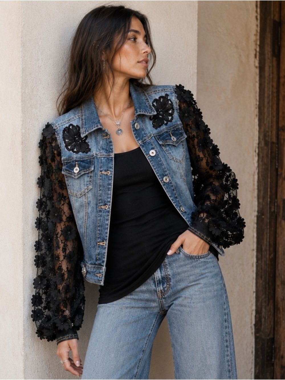 OOAK Romantic Goth Upcycled Denim Floral Mesh Jacket M Lisa Skeels Original